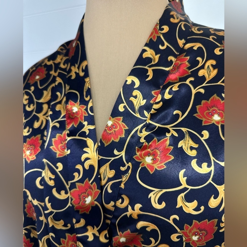 Vintage Fredericks of Hollywood Navy Blue Gold red Floral Satin short Robe Sz L